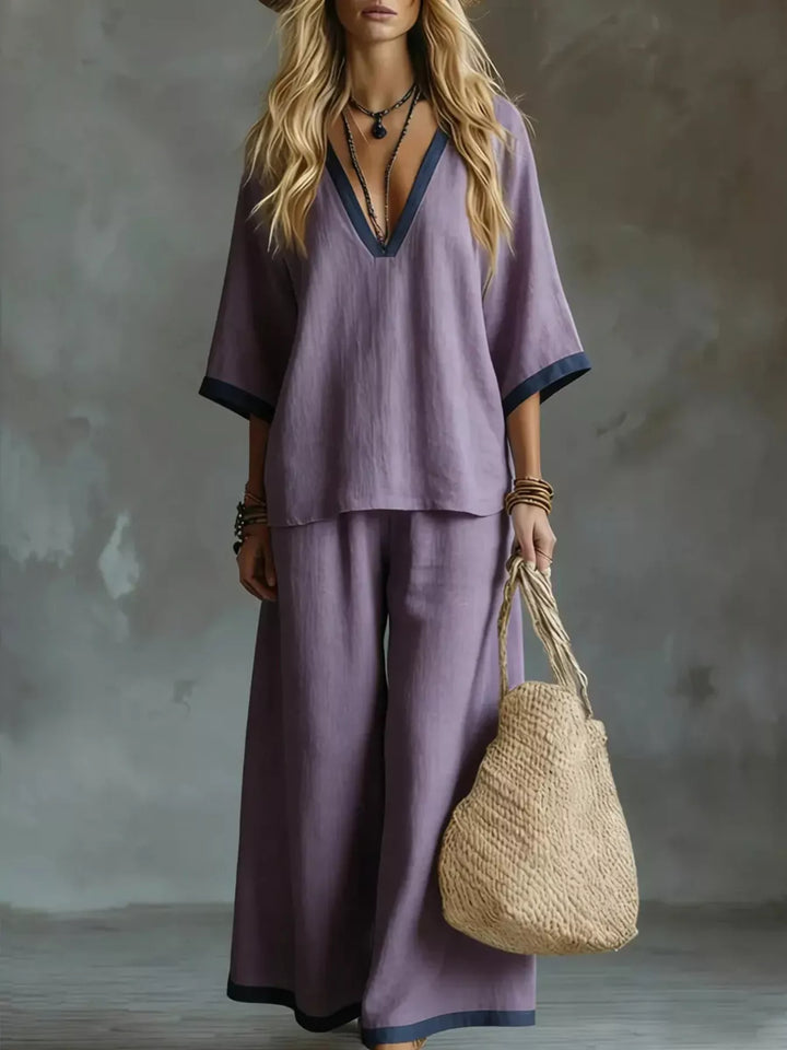 Vera Contrast Trim V-Neck Top and Pants Set - Lavender | S-2XL | Rezortly