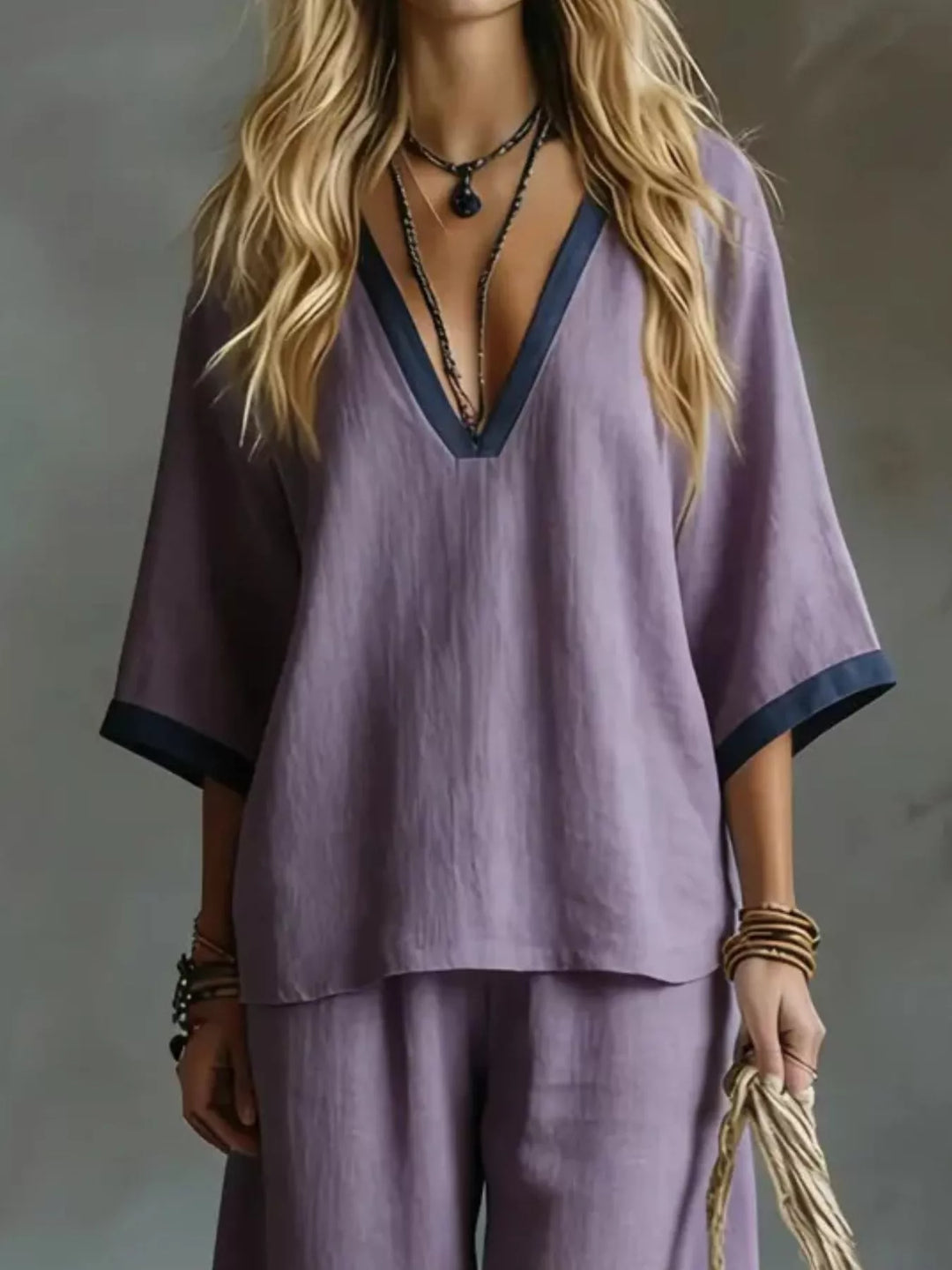 Vera Contrast Trim V-Neck Top and Pants Set - Lavender | S-2XL | Rezortly