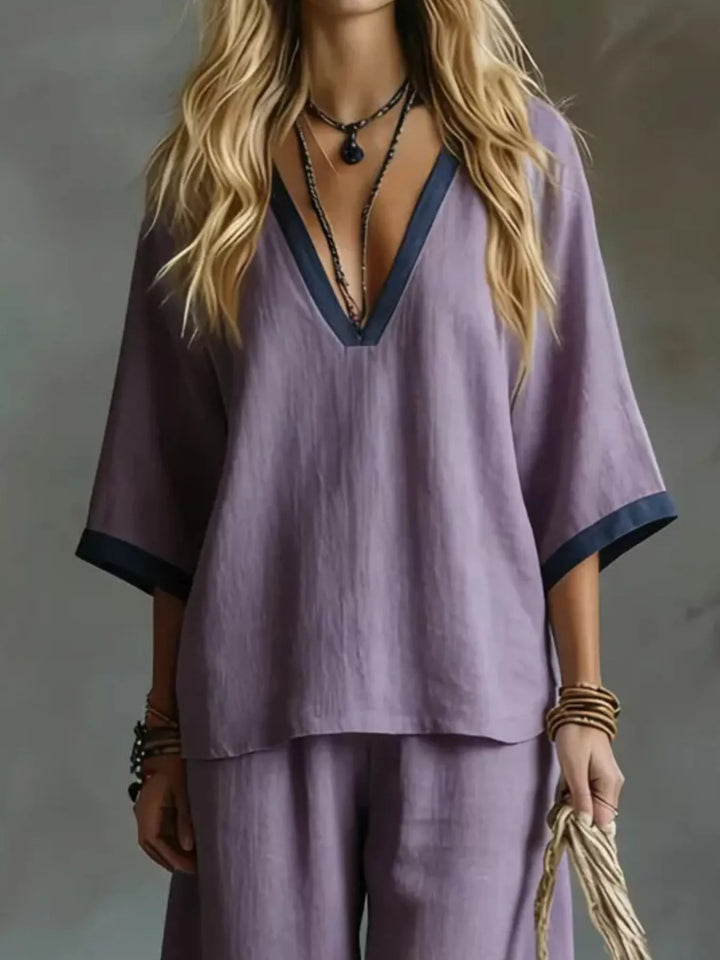 Vera Contrast Trim V-Neck Top and Pants Set - Lavender | S-2XL | Rezortly