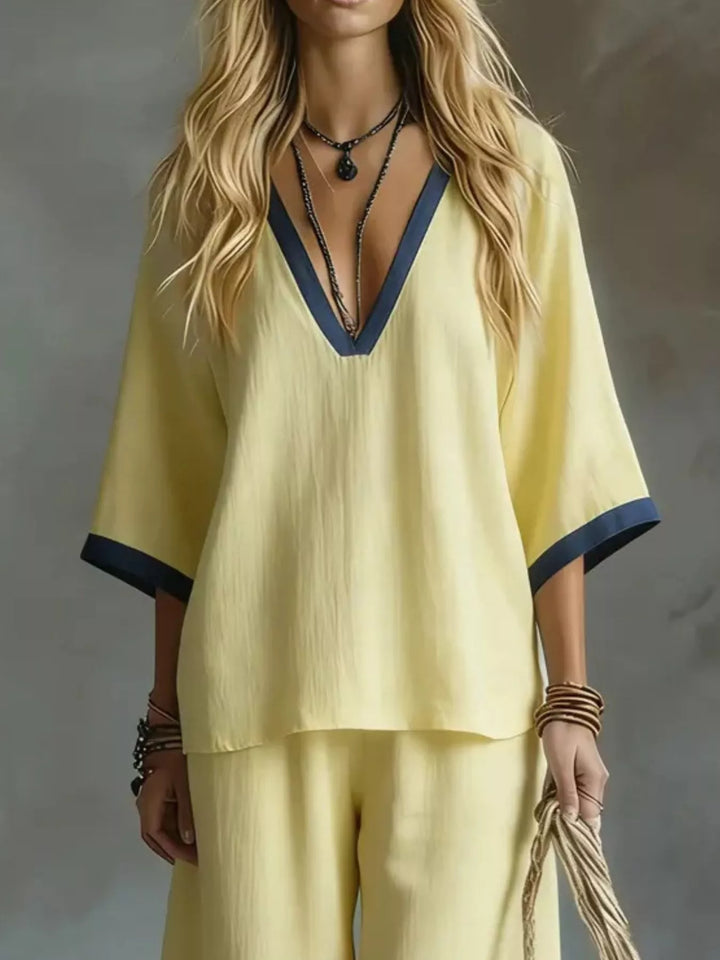 Vera Contrast Trim V-Neck Top and Pants Set - Lemon Chiffon | S-2XL | Rezortly