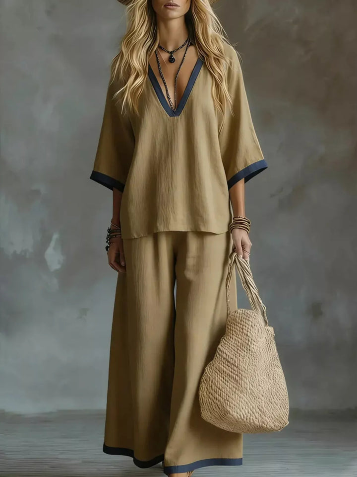 Vera Contrast Trim V-Neck Top and Pants Set - Tan | S-2XL | Rezortly