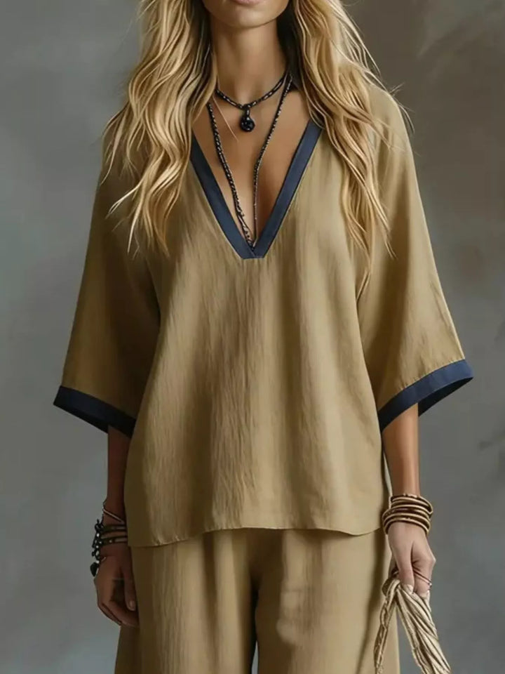 Vera Contrast Trim V-Neck Top and Pants Set - Tan | S-2XL | Rezortly
