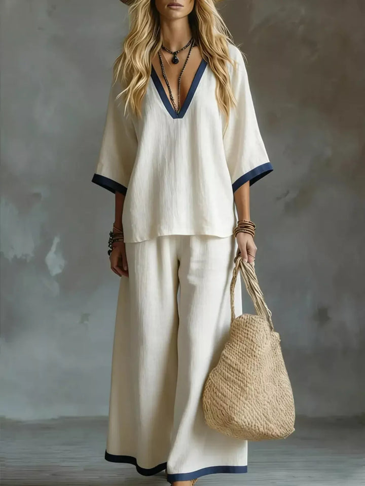 Vera Contrast Trim V-Neck Top and Pants Set - White | S-2XL | Rezortly