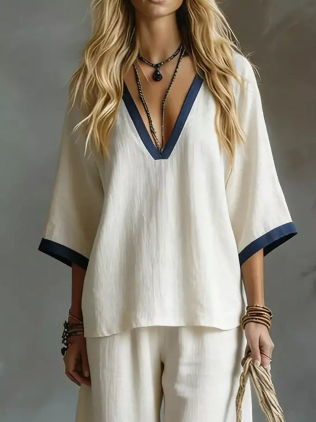 Vera Contrast Trim V-Neck Top and Pants Set - White | S-2XL | Rezortly