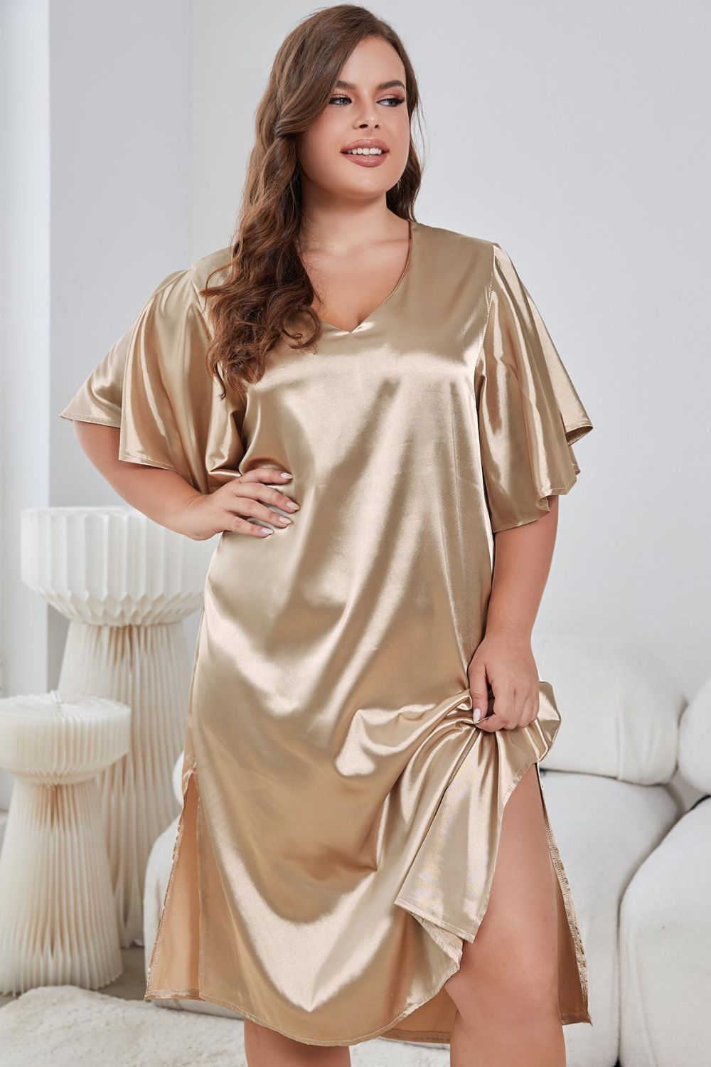 Zara V-Neck Flutter Sleeve Silk Night Dress - Plus Size - Golden Beige | Sleepwear - Rezortly