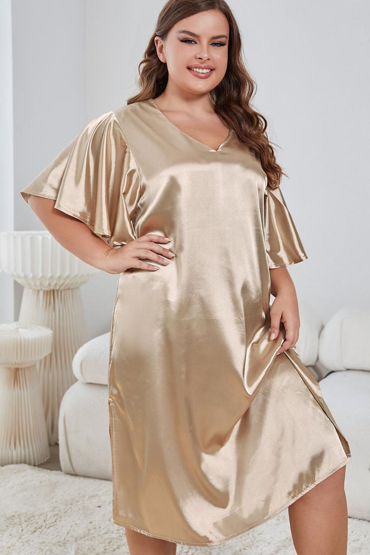 Zara V-Neck Flutter Sleeve Silk Night Dress - Plus Size - Golden Beige | Sleepwear - Rezortly