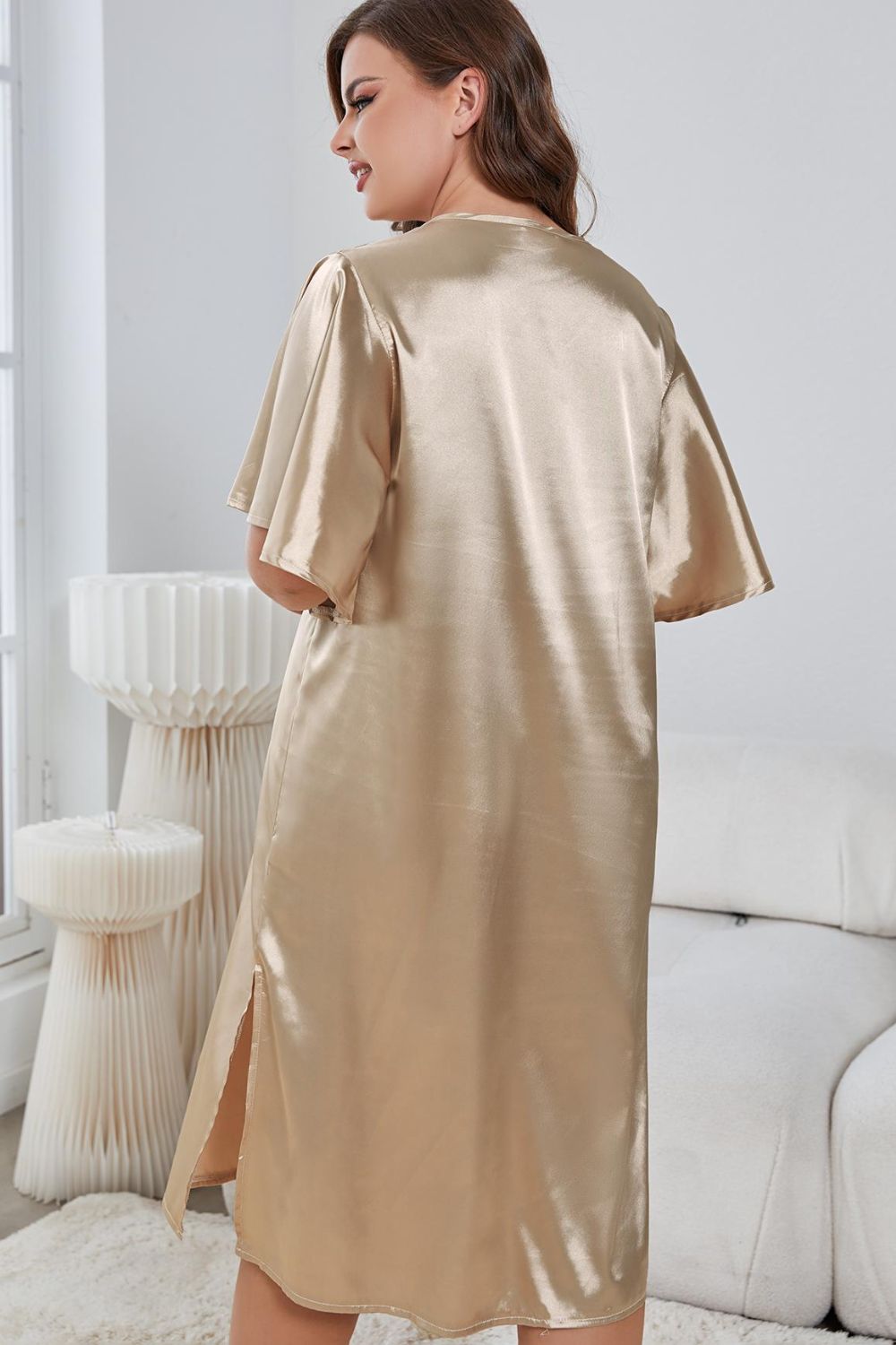 Zara V-Neck Flutter Sleeve Silk Night Dress - Plus Size - Golden Beige | Sleepwear - Rezortly
