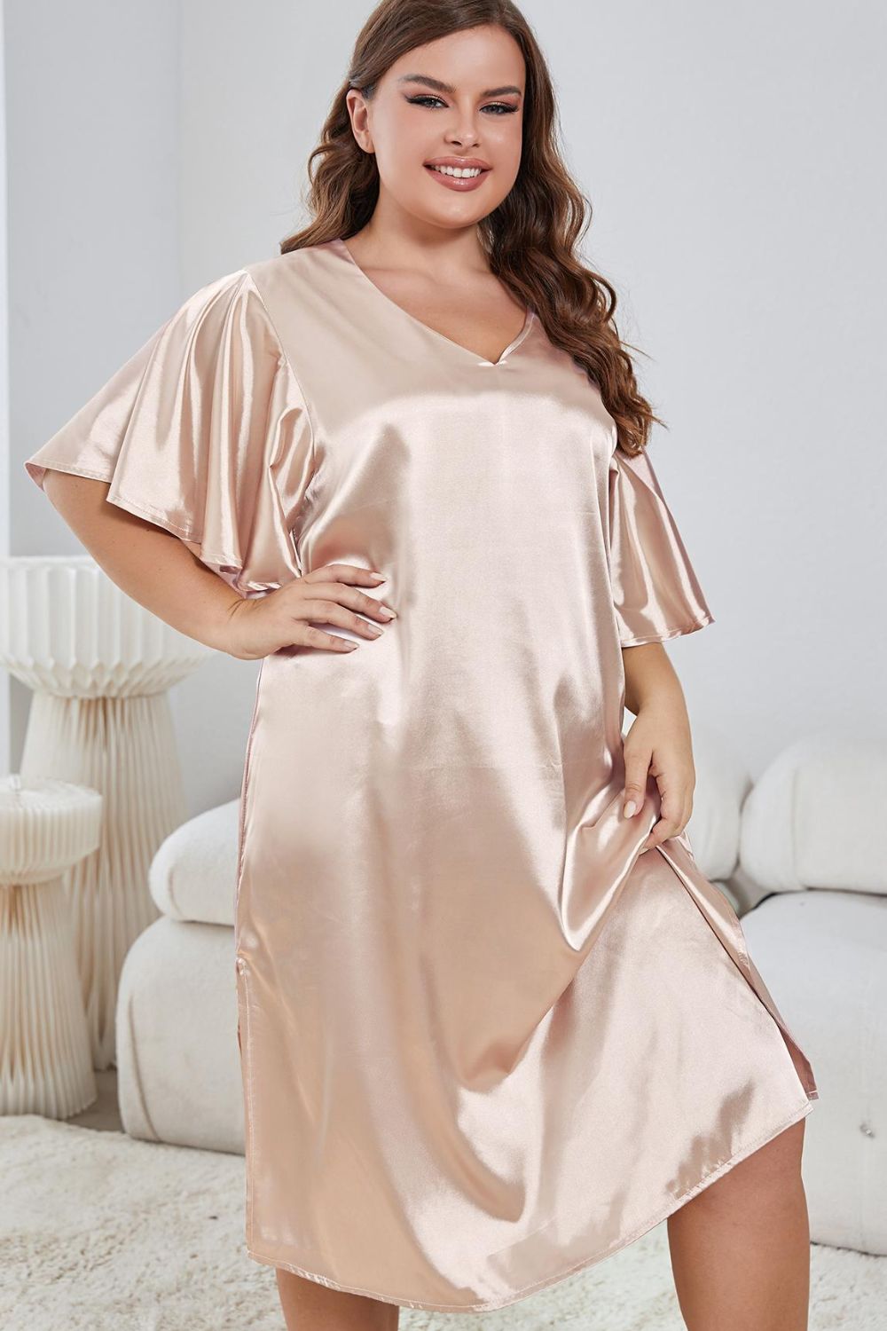 Zara V-Neck Flutter Sleeve Silk Night Dress - Plus Size - Misty Rose | Sleepwear - Rezortly