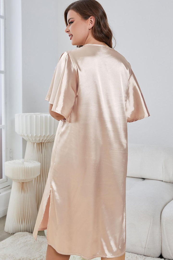 Zara V-Neck Flutter Sleeve Silk Night Dress - Plus Size - Misty Rose | Sleepwear - Rezortly