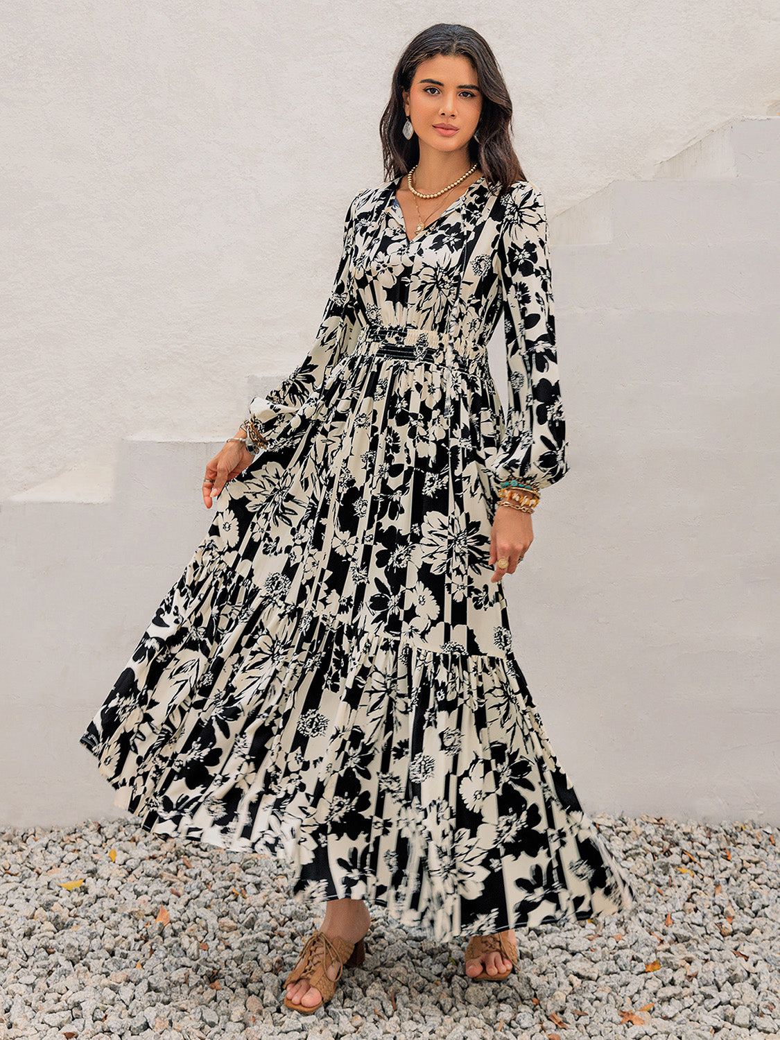 black and white boho maxi dress Zoya Balloon Sleeve Floral Print Boho Maxi Dress – Rezortly