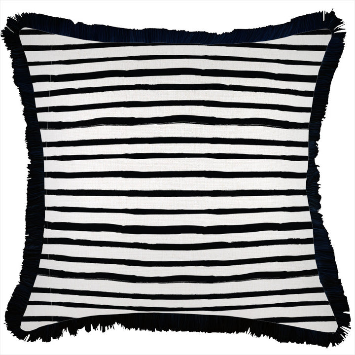 Black Paint Stripes-Coastal Fringe-Cushion Cover-45cm X 45cm