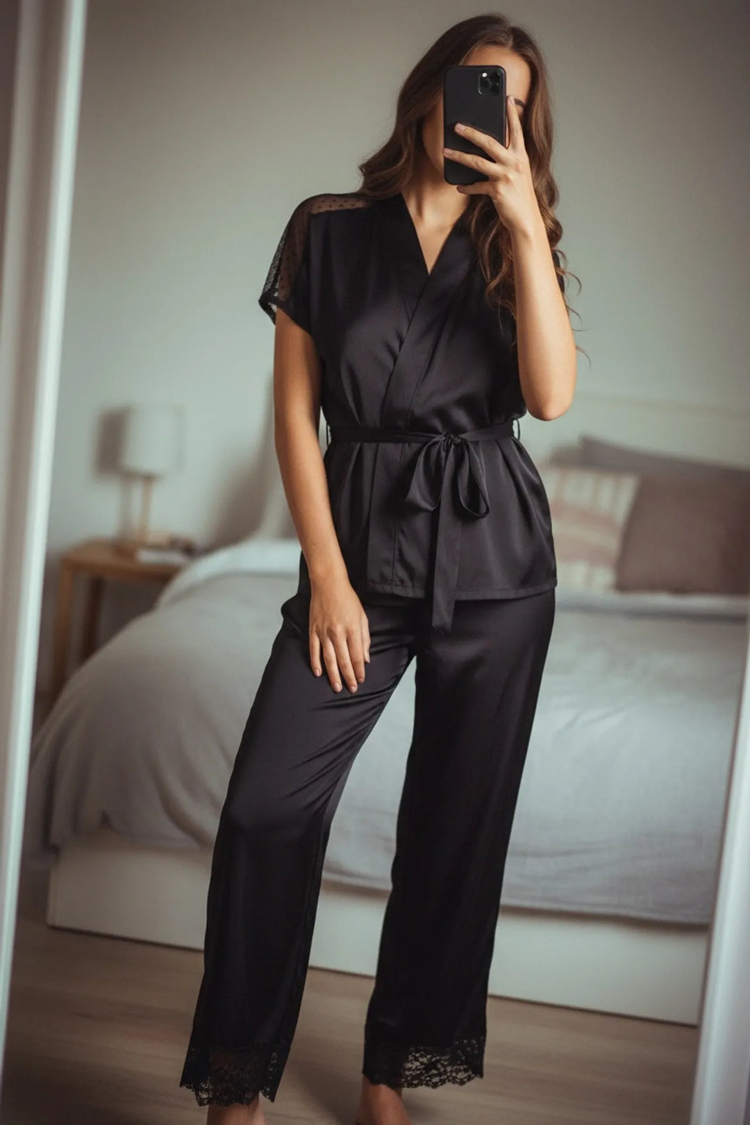 Zara Silky Lace Tie Waist Top & Pant Pyjama Set
