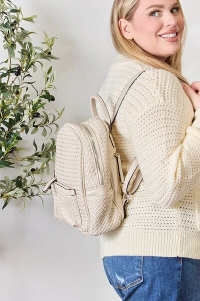 beige leather mini backpack Melody Vegan Leather Woven Small Day Backpack